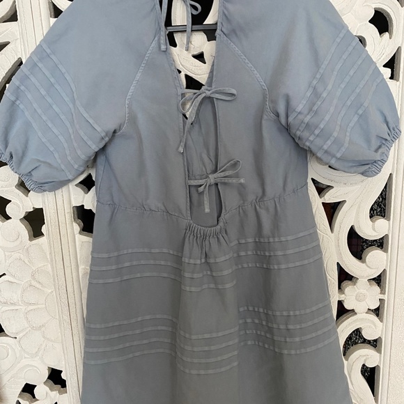 Madewell Blue Chambray Cotton Bow Tie Back Ruffle Short Sleeve Shift Dress Sz L - Picture 4 of 7